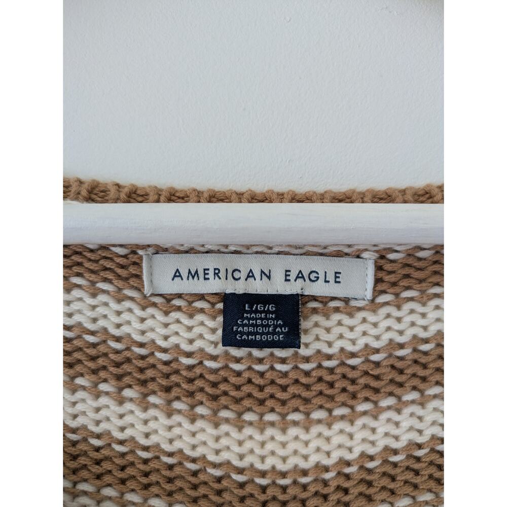 American Eagle Striped Oversized Crew Neck Knit Sweater - Tan & White - Picture 4 of 5
